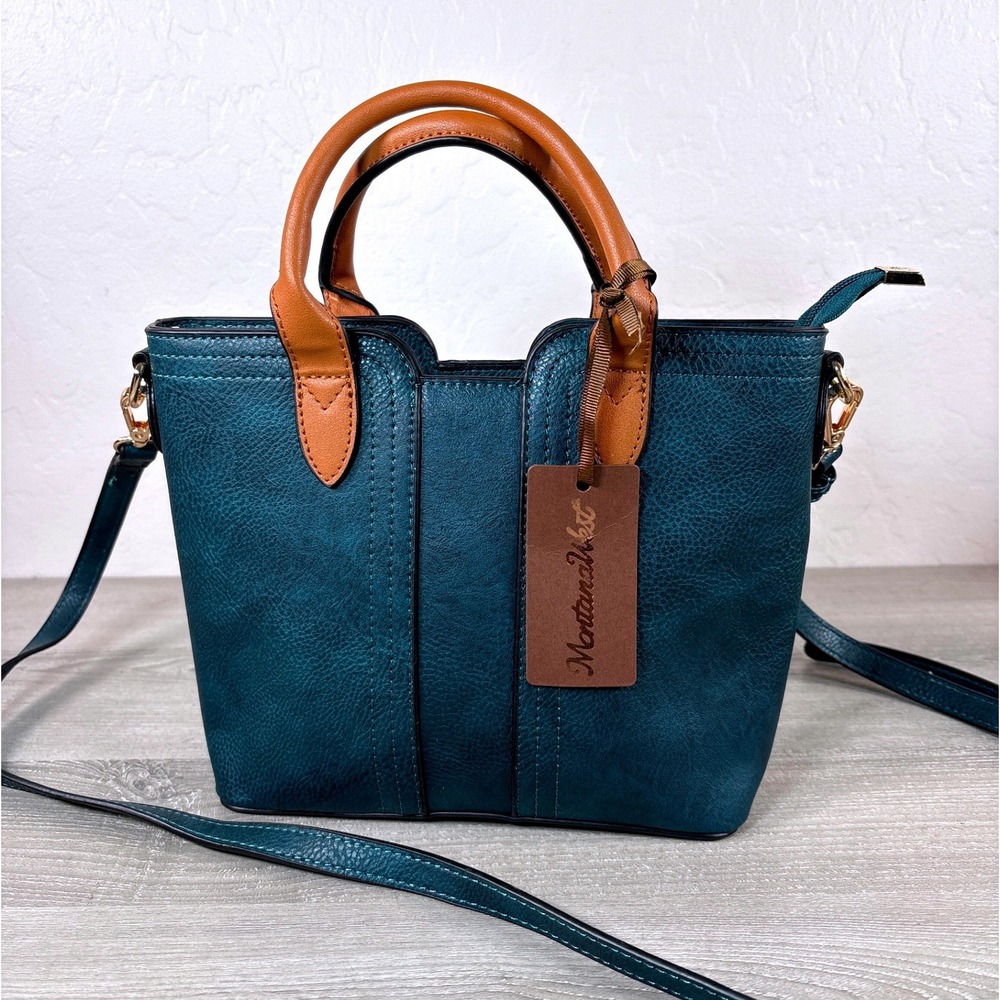 Montana West Teal Blue Vegan Leather Satchel Crossbody Bag with Brown Handles